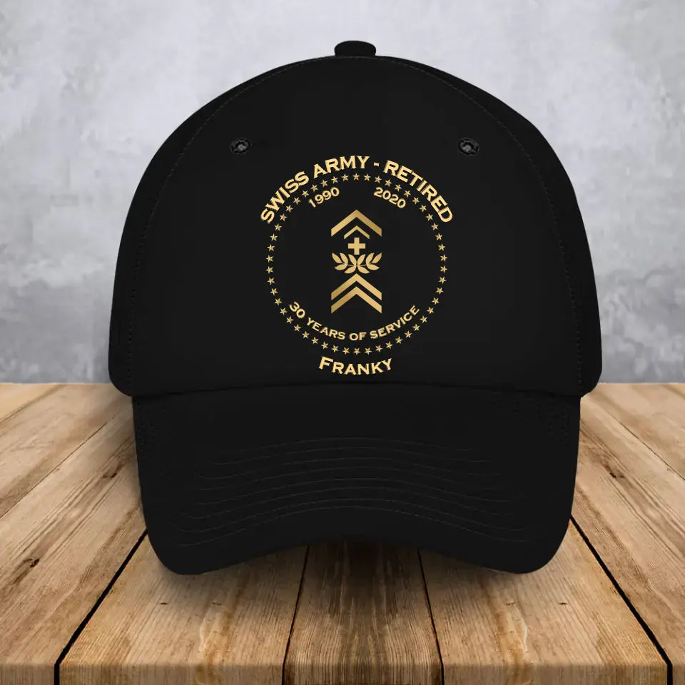 Personalized Retired Swiss Custom Gold Rank & Service Time Black Cap Printed AHVA241005
