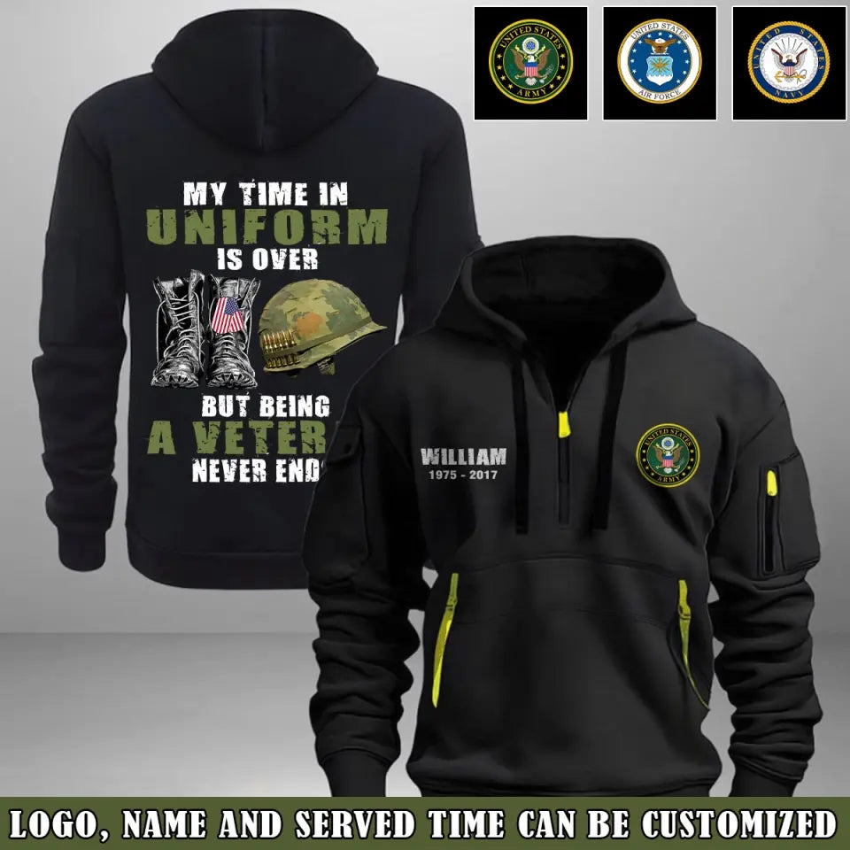 Personalized My Time In Uniform Is Over But Being A Veteran Never Ends US Veteran Quarter Zip Hoodie 2D Printed AHVQ241017