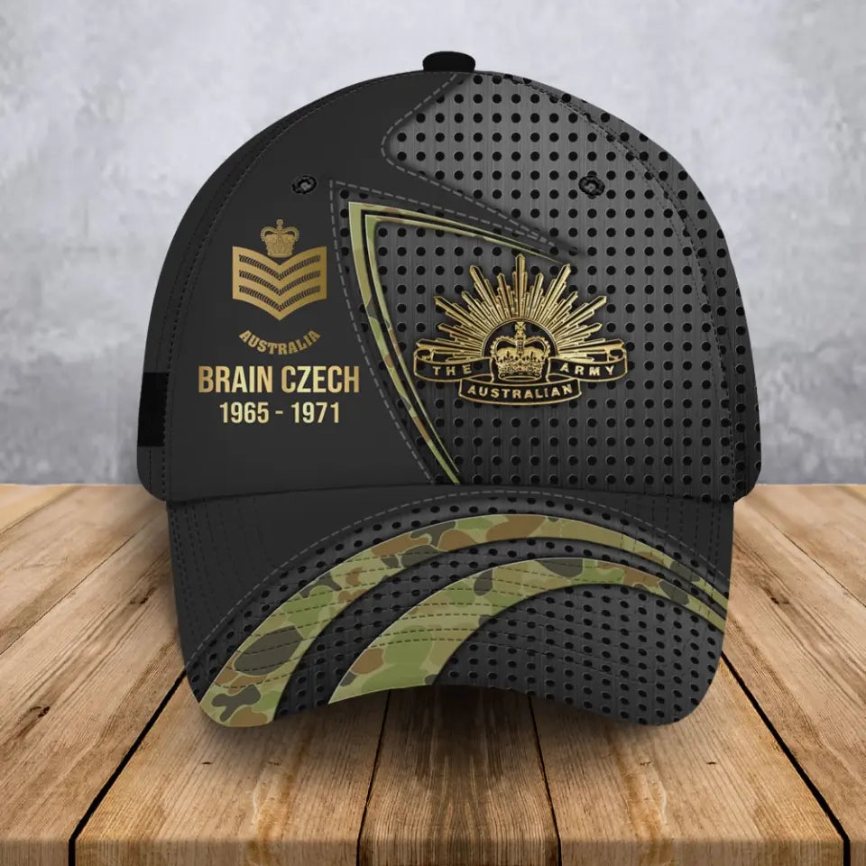 Personalized Australian Veteran Rank Gold Custom Name & Time Cap 3D Printed AHVA241022
