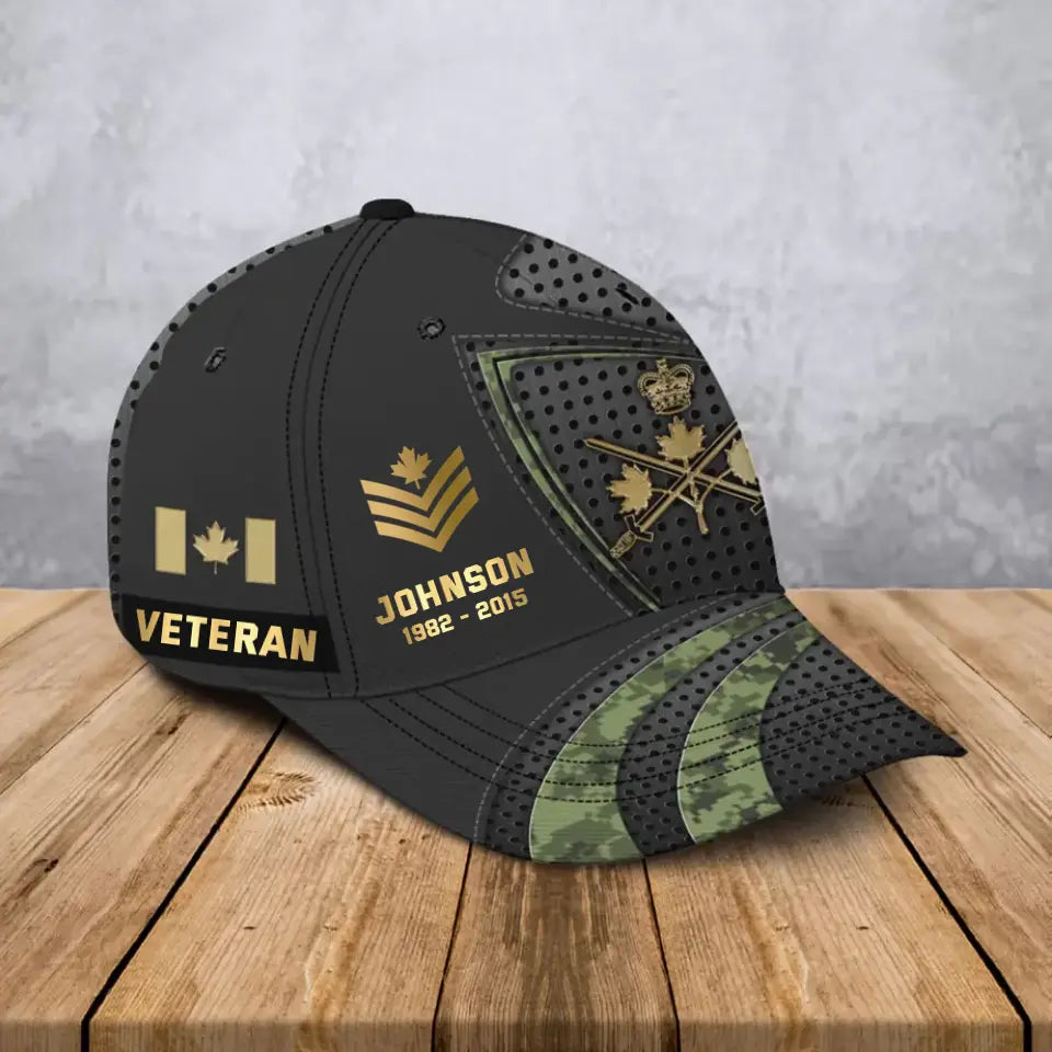 Personalized Canadian Veteran Rank Gold Custom Name & Time Cap 3D Printed AHVA241022
