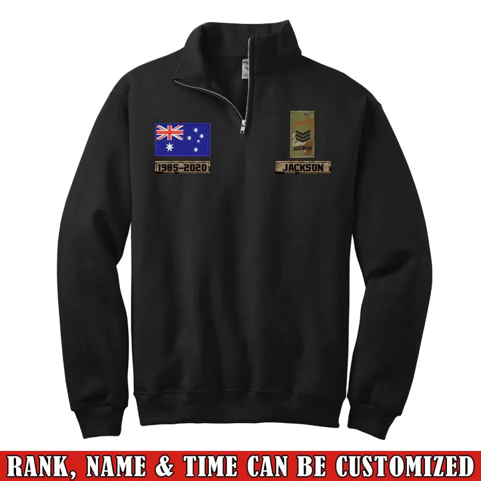 Personalized Australian Veteran Rank Camo Custom Name & Time Stand Collar Zipper Sweatshirt 2D Printed LVA241032
