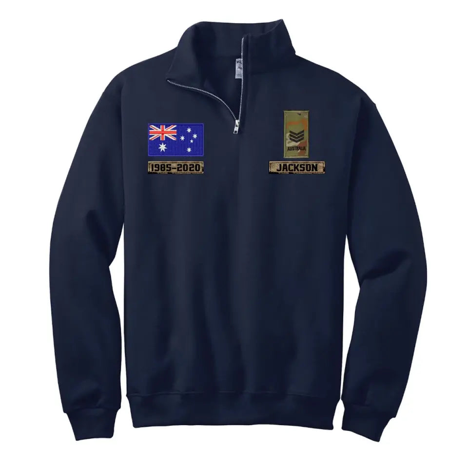 Personalized Australian Veteran Rank Camo Custom Name & Time Stand Collar Zipper Sweatshirt 2D Printed LVA241032