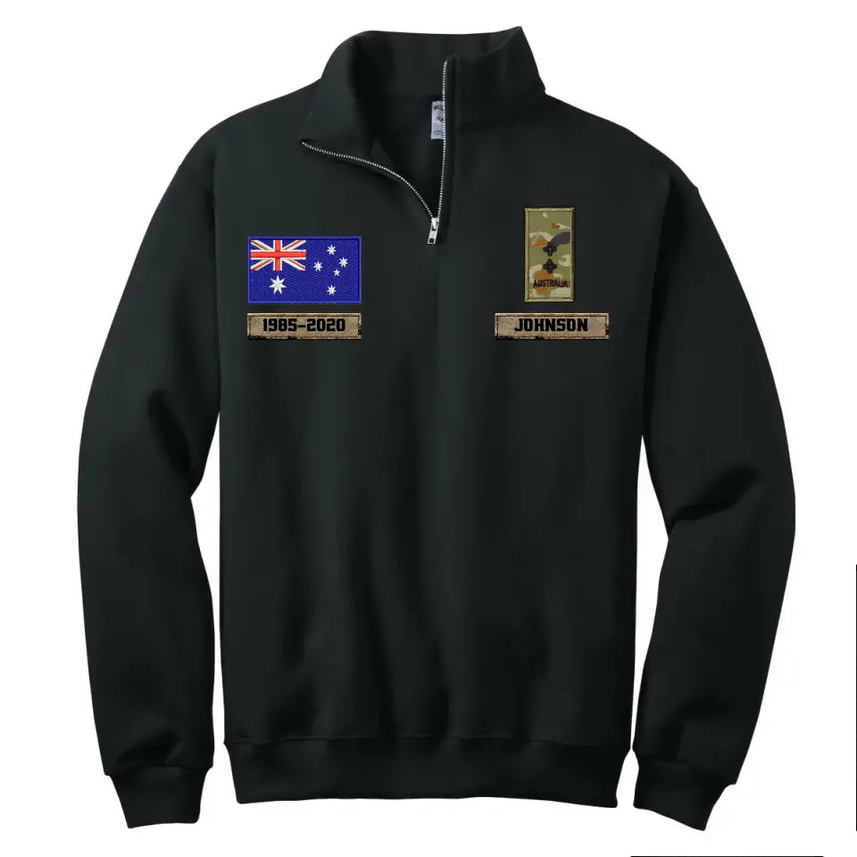 Personalized Australian Veteran Rank Camo Custom Name & Time Stand Collar Zipper Sweatshirt 2D Printed LVA241032