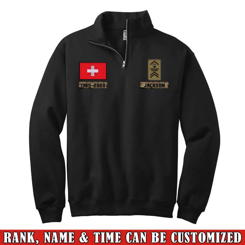 Personalized Swiss Veteran Rank Camo Custom Name & Time Stand Collar Zipper Sweatshirt 2D Printed LVA241032