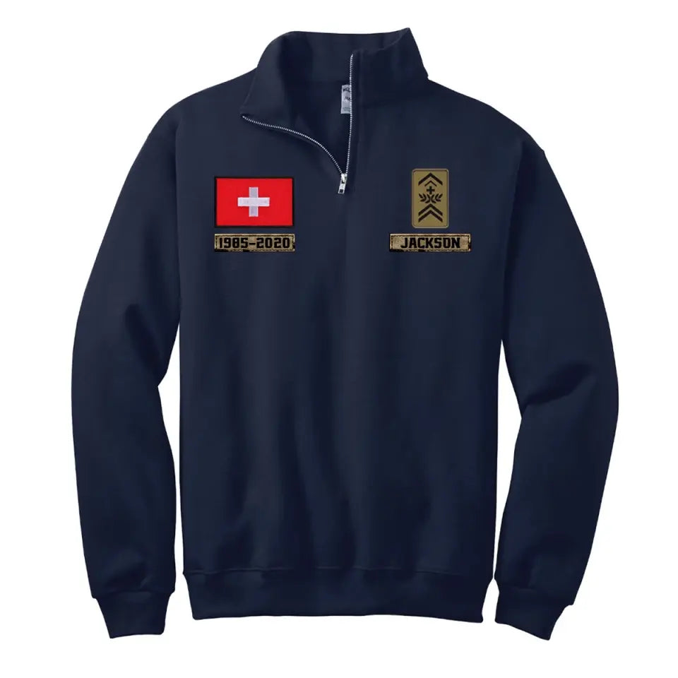 Personalized Swiss Veteran Rank Camo Custom Name & Time Stand Collar Zipper Sweatshirt 2D Printed LVA241032