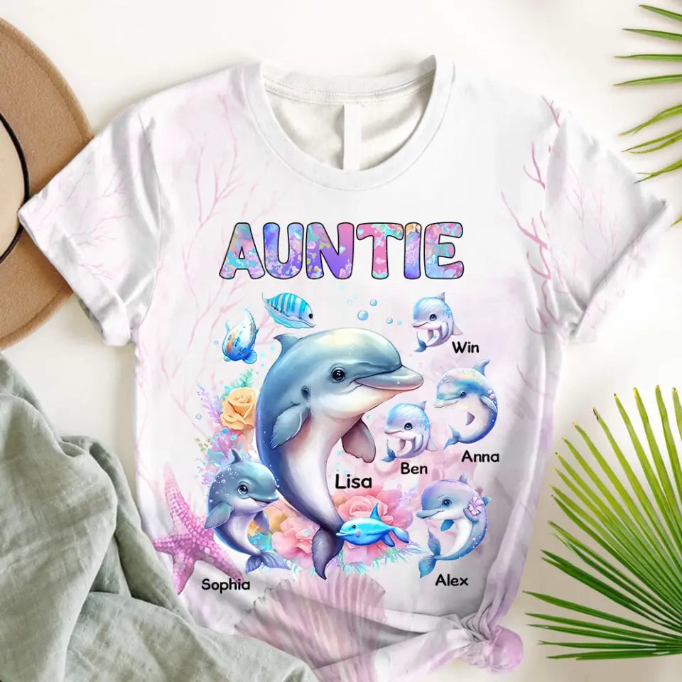 Personalized Grandma or Auntie Watercolor Dolphin & Kid Names 3D T-shirt Printed HN241049