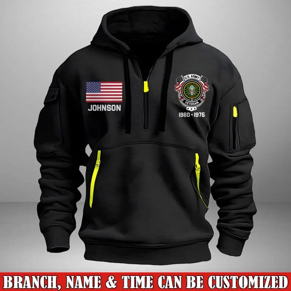 Personalized US Army Veteran Custom Name & Time US Flag Quarter Zip Hoodie 2D Printed AHVA241051