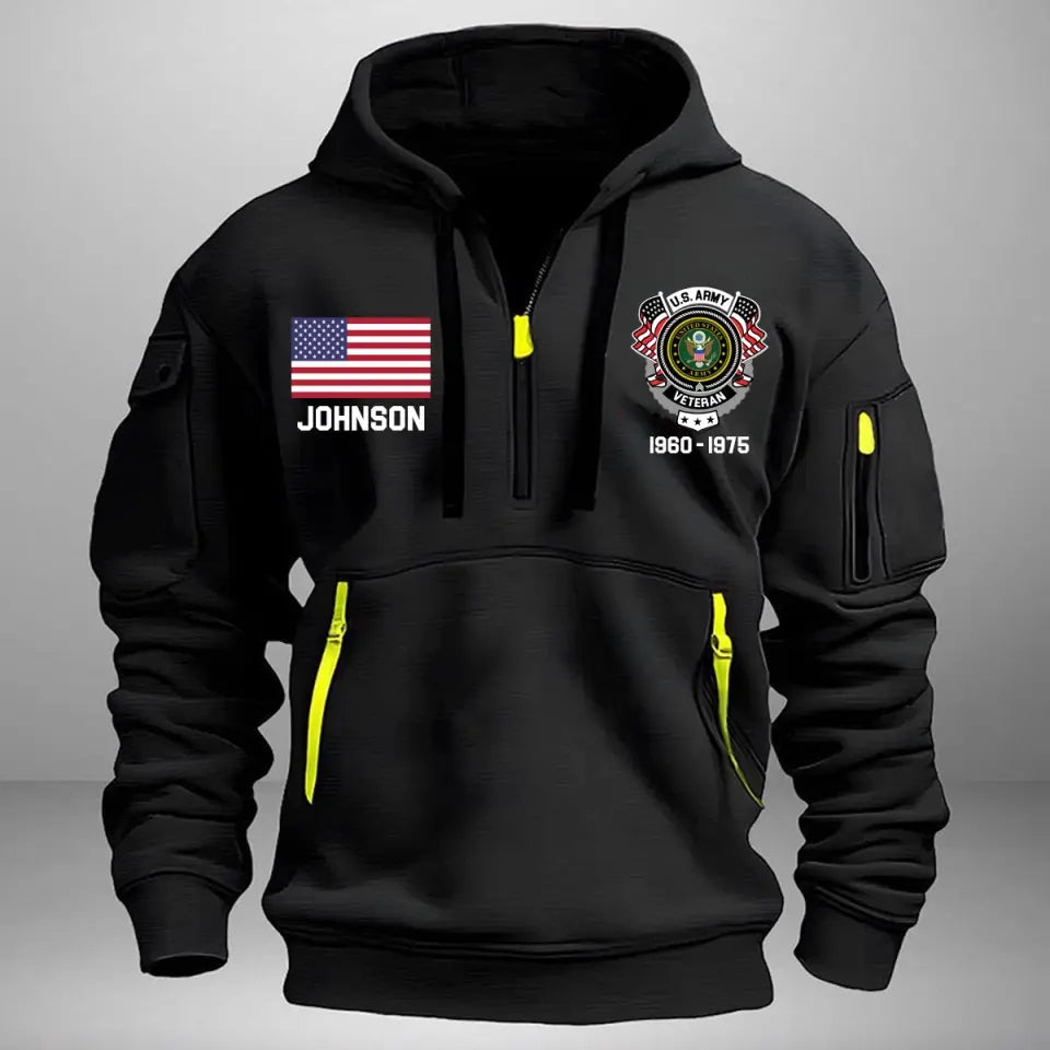 Personalized US Army Veteran Custom Name & Time US Flag Quarter Zip Hoodie 2D Printed AHVA241051