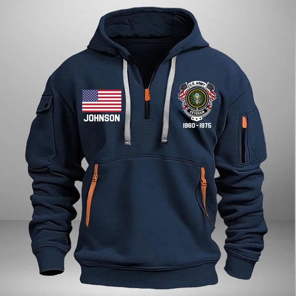 Personalized US Army Veteran Custom Name & Time US Flag Quarter Zip Hoodie 2D Printed AHVA241051