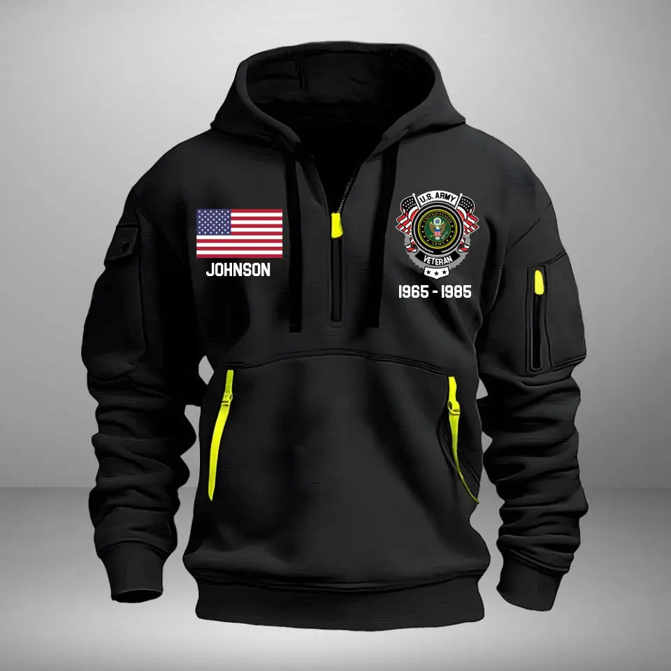 Personalized US Army Veteran Custom Name & Time US Flag Quarter Zip Hoodie 2D Printed AHVA241051