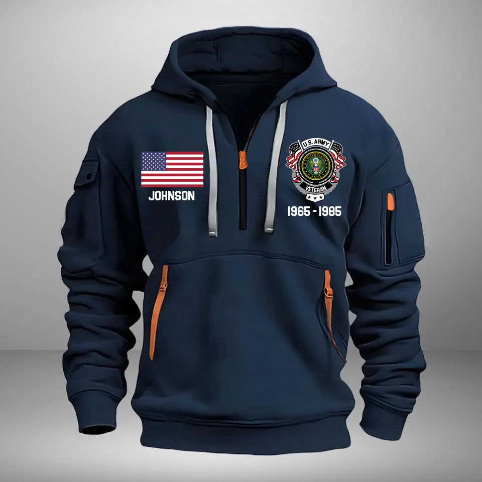 Personalized US Army Veteran Custom Name & Time US Flag Quarter Zip Hoodie 2D Printed AHVA241051