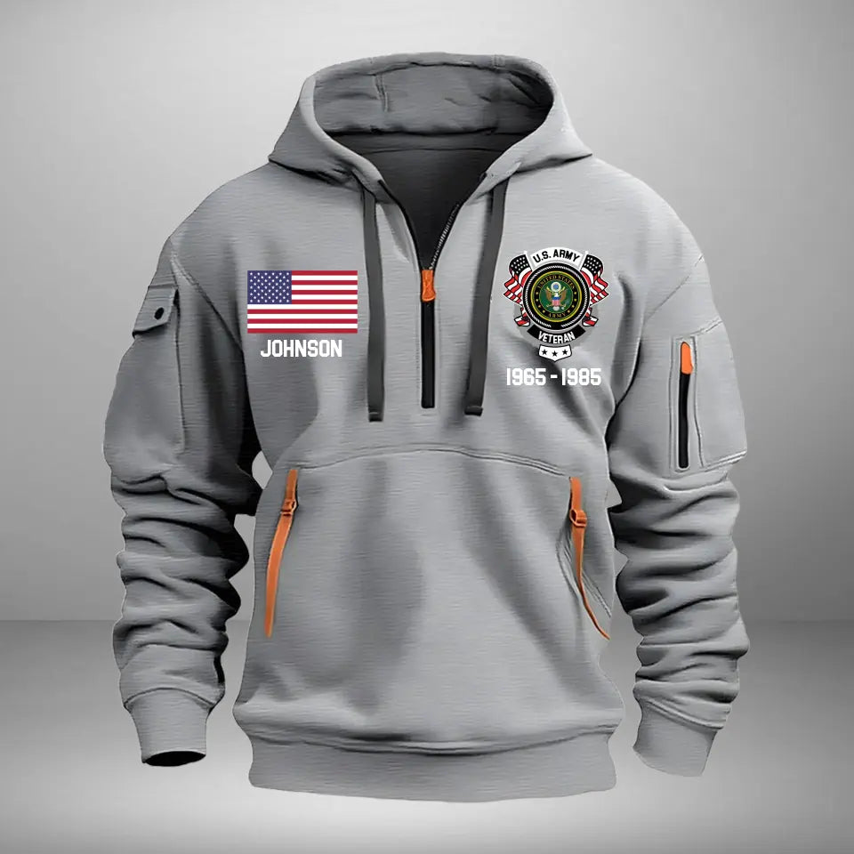 Personalized US Army Veteran Custom Name & Time US Flag Quarter Zip Hoodie 2D Printed AHVA241051