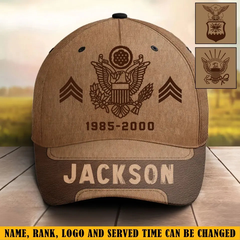 Personalized US Military Logo Rank Camo & Custom Service Time Brown Cap 3D Printed KVH241072