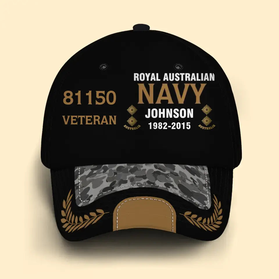 Personalized Australian Army Airforce Navy Veteran Rank Gold Custom ID, Name & Service Time Cap 3D Printed AHVQ241102