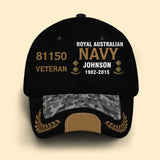 Personalized Australian Army Airforce Navy Veteran Rank Gold Custom ID, Name & Service Time Cap 3D Printed AHVQ241102