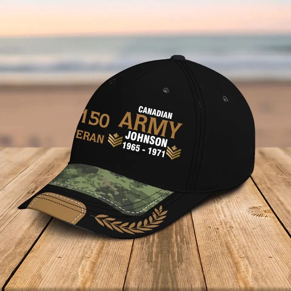 Personalized Canadian Army Airforce Navy Veteran Rank Gold Custom ID, Name & Service Time Cap 3D Printed AHVQ241102
