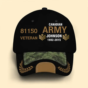 Personalized Canadian Army Airforce Navy Veteran Rank Gold Custom ID, Name & Service Time Cap 3D Printed AHVQ241102