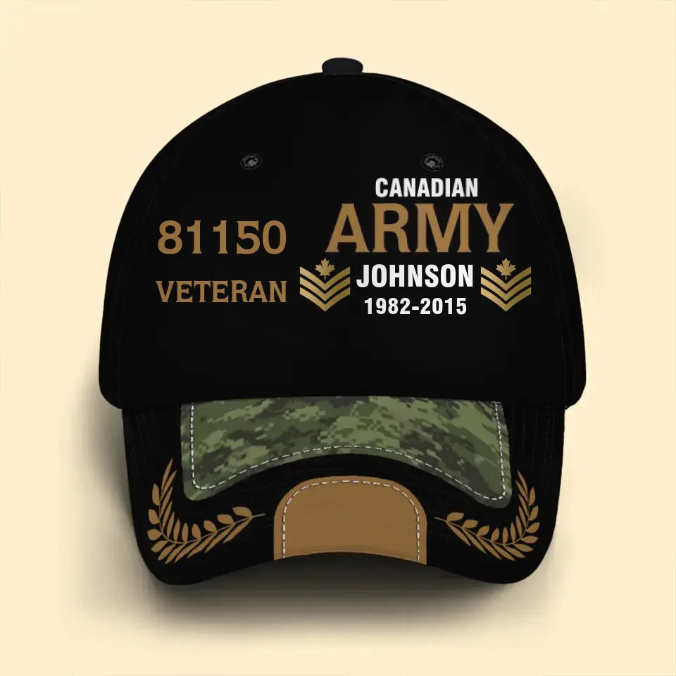 Personalized Canadian Army Airforce Navy Veteran Rank Gold Custom ID, Name & Service Time Cap 3D Printed AHVQ241102