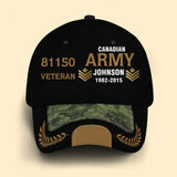 Personalized Canadian Army Airforce Navy Veteran Rank Gold Custom ID, Name & Service Time Cap 3D Printed AHVQ241102