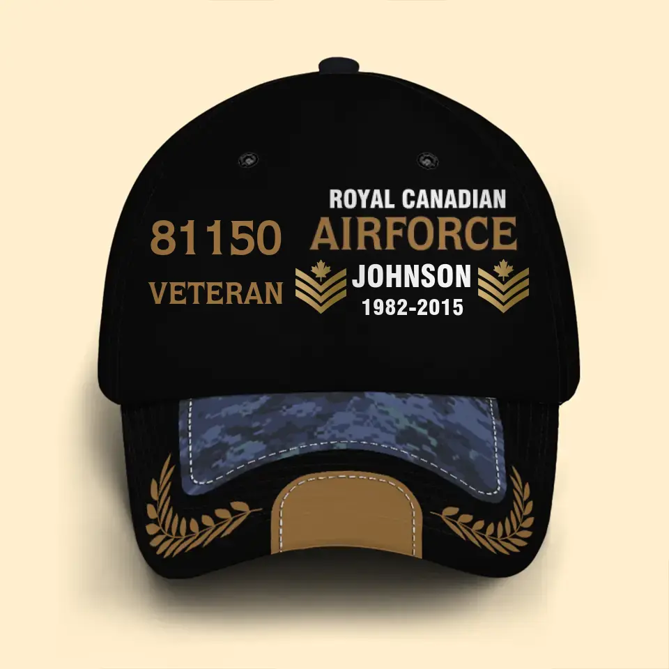 Personalized Canadian Army Airforce Navy Veteran Rank Gold Custom ID, Name & Service Time Cap 3D Printed AHVQ241102