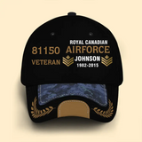 Personalized Canadian Army Airforce Navy Veteran Rank Gold Custom ID, Name & Service Time Cap 3D Printed AHVQ241102