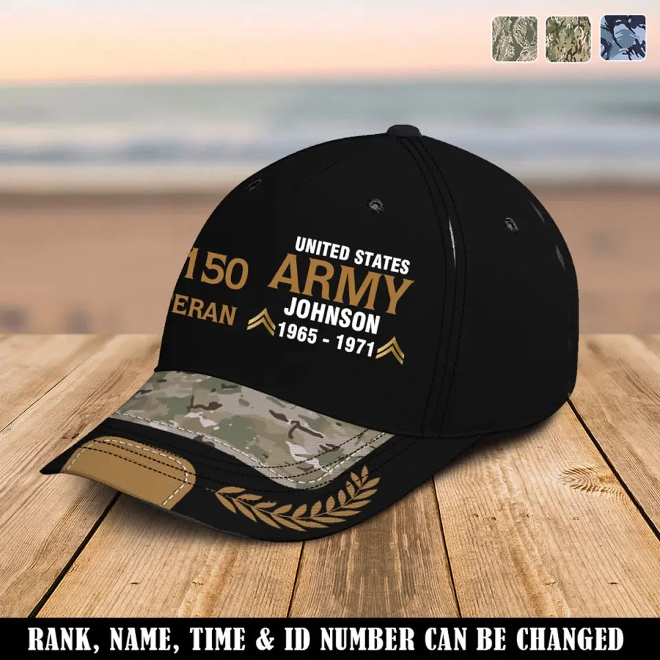 Personalized US Army Airforce Navy Veteran Rank Gold Custom ID, Name & Service Time Cap 3D Printed AHVQ241102