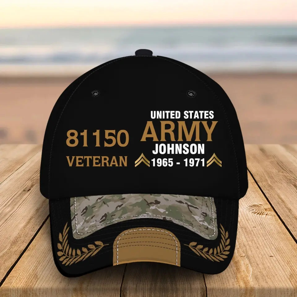Personalized US Army Airforce Navy Veteran Rank Gold Custom ID, Name & Service Time Cap 3D Printed AHVQ241102