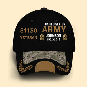 Personalized US Army Airforce Navy Veteran Rank Gold Custom ID, Name & Service Time Cap 3D Printed AHVQ241102
