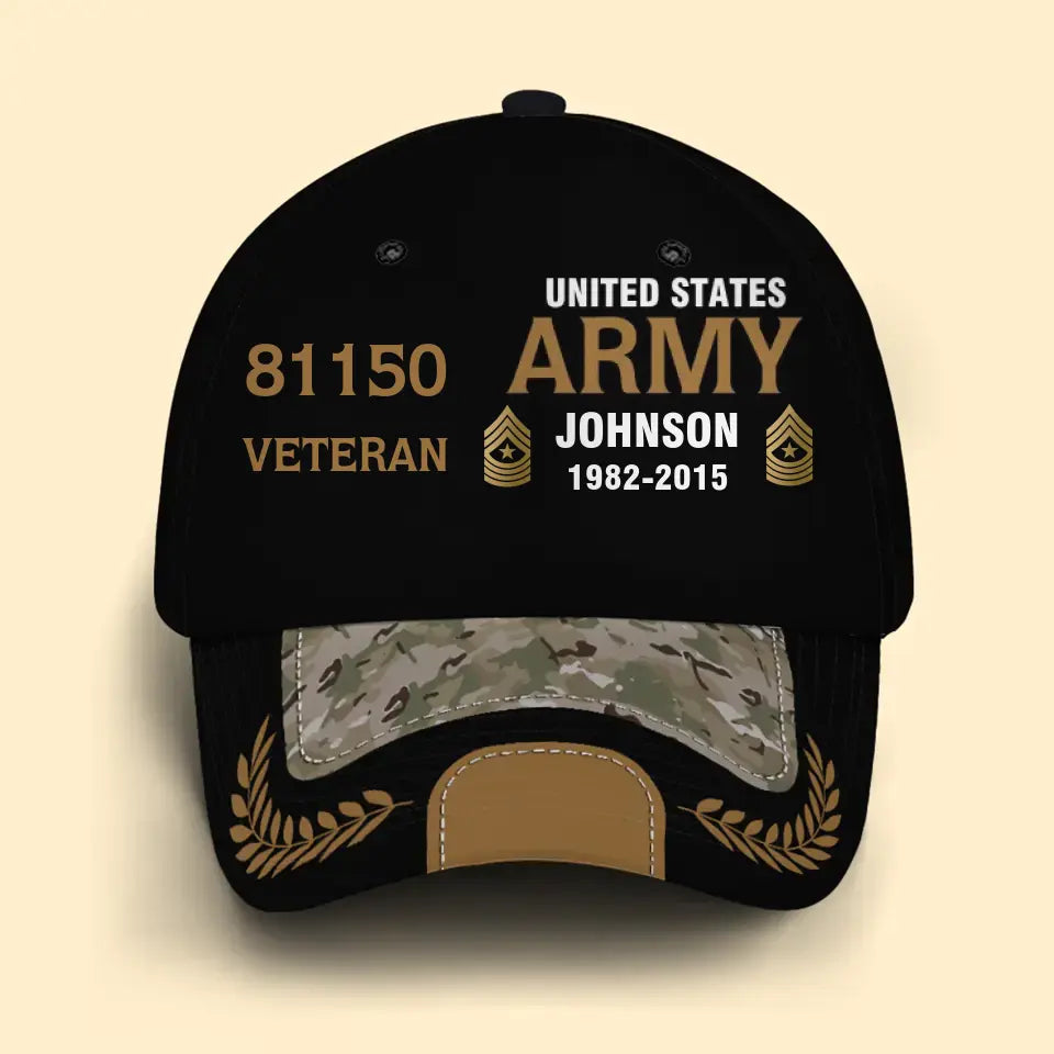 Personalized US Army Airforce Navy Veteran Rank Gold Custom ID, Name & Service Time Cap 3D Printed AHVQ241102