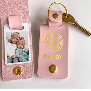 Personalized Upload Your Photo Firefighter Daddy Chirldren Image Leather Keychain Printed KVH241113