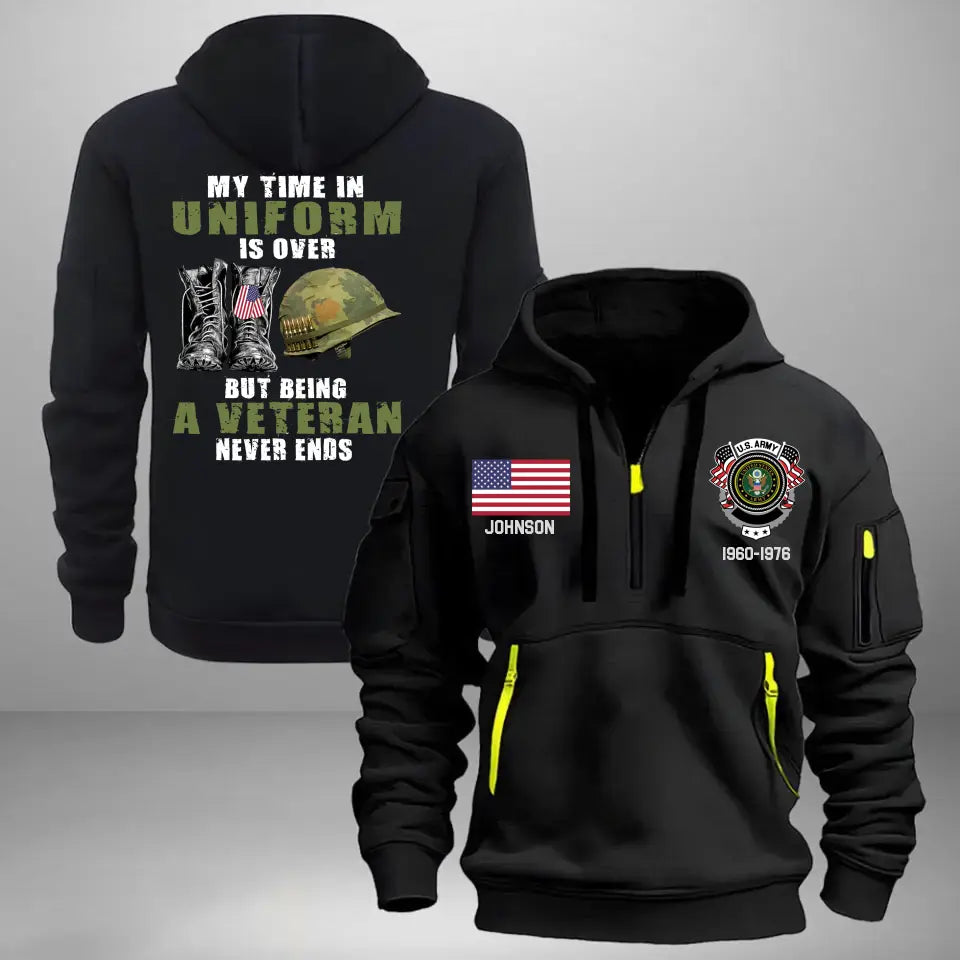 Personalized My Time In Uniform Is Over But Being A Veteran Never Ends US Veteran Quarter Zip Hoodie 2D Printed AHVA241122