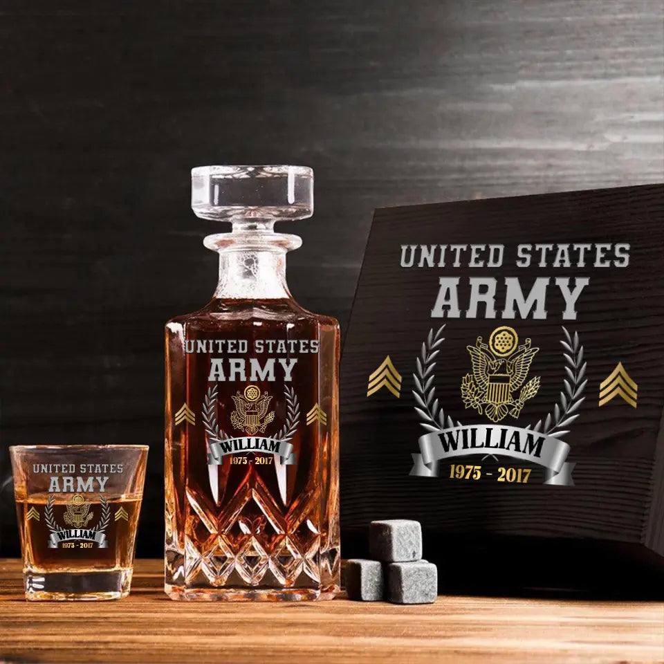 Personalized US Army Veteran Rank Gold Custom Name & Time Decanter Set with Glasses Printed AHVQ241109