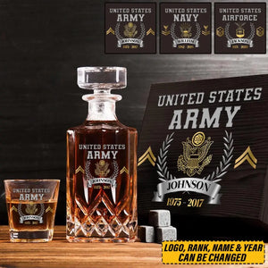 Personalized US Army Veteran Rank Gold Custom Name & Time Decanter Set with Glasses Printed AHVQ241109