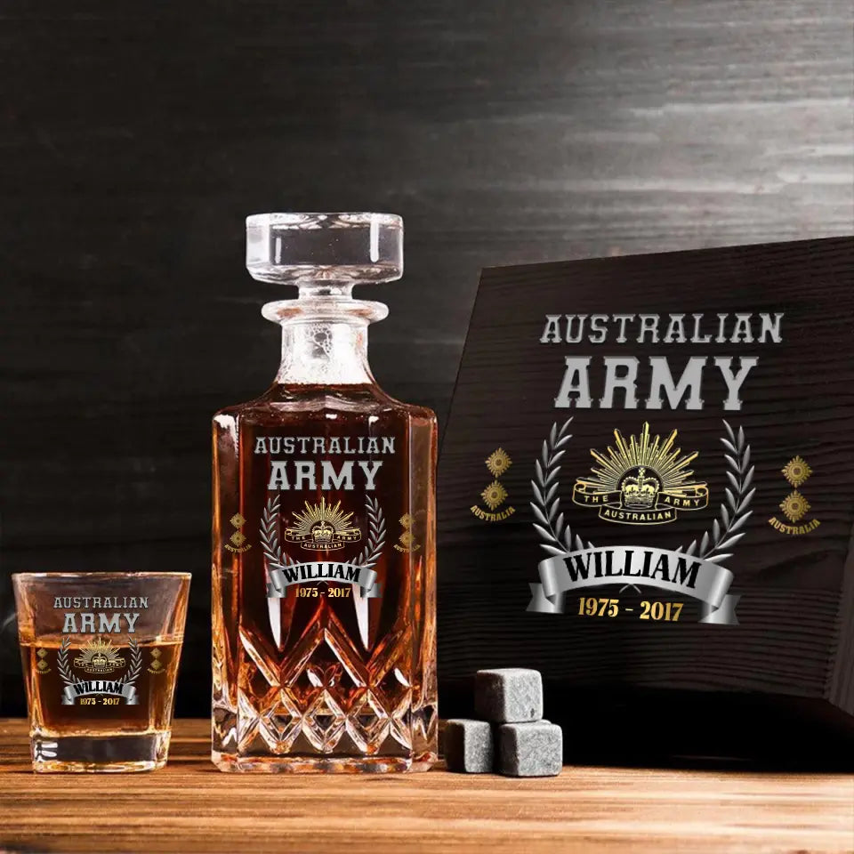 Personalized Australian Army Veteran Rank Gold Custom Name & Time Decanter Set with Glasses Printed AHVQ241109