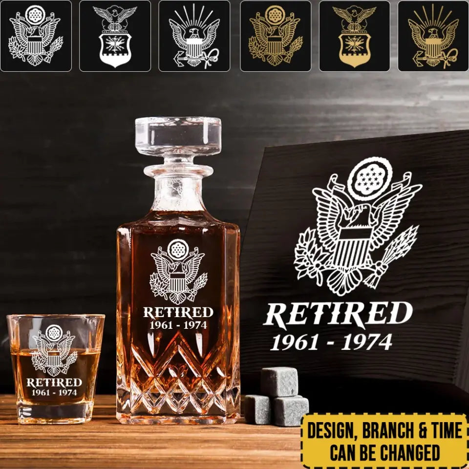 Personalized Retired US Veteran Army Logo Custom Time Decanter Set with Glasses Printed QTHN241115