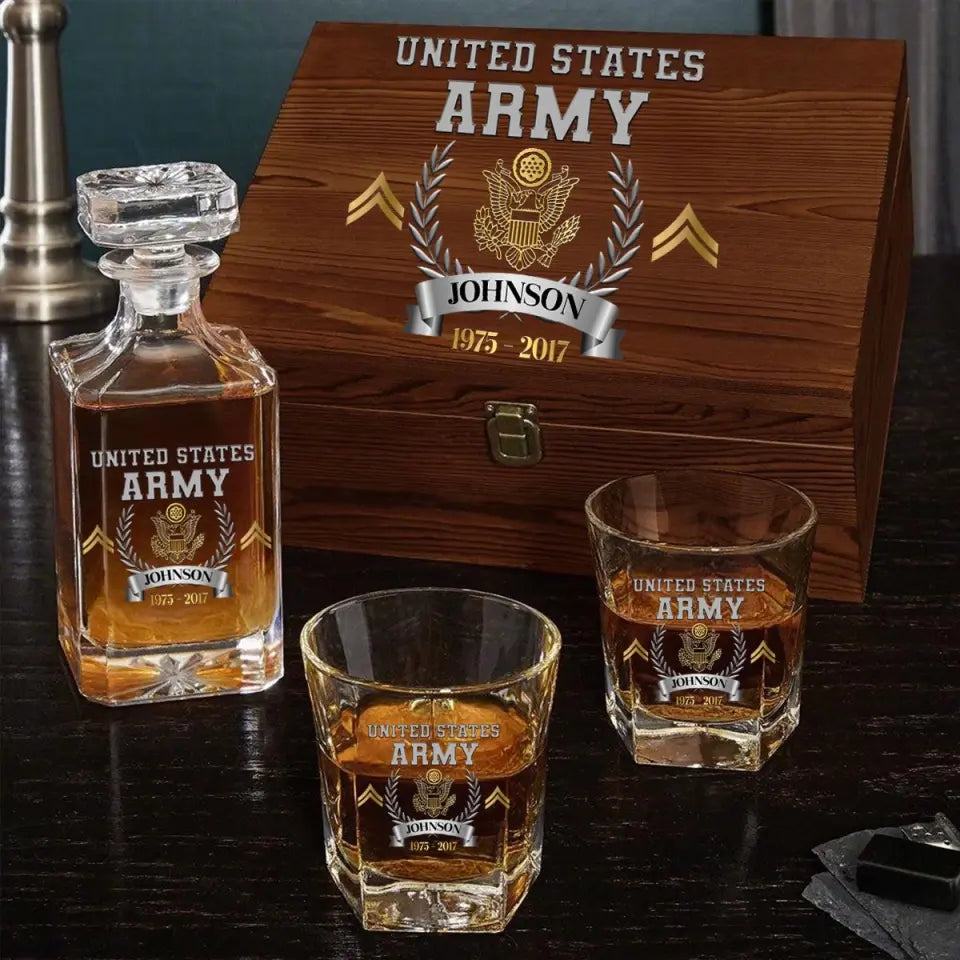Personalized US Army Veteran Rank Gold Custom Name & Time Decanter Set with Glasses Printed AHVQ241109
