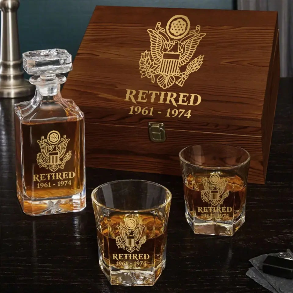 Personalized Retired US Veteran Army Logo Custom Time Decanter Set with Glasses Printed QTHN241115