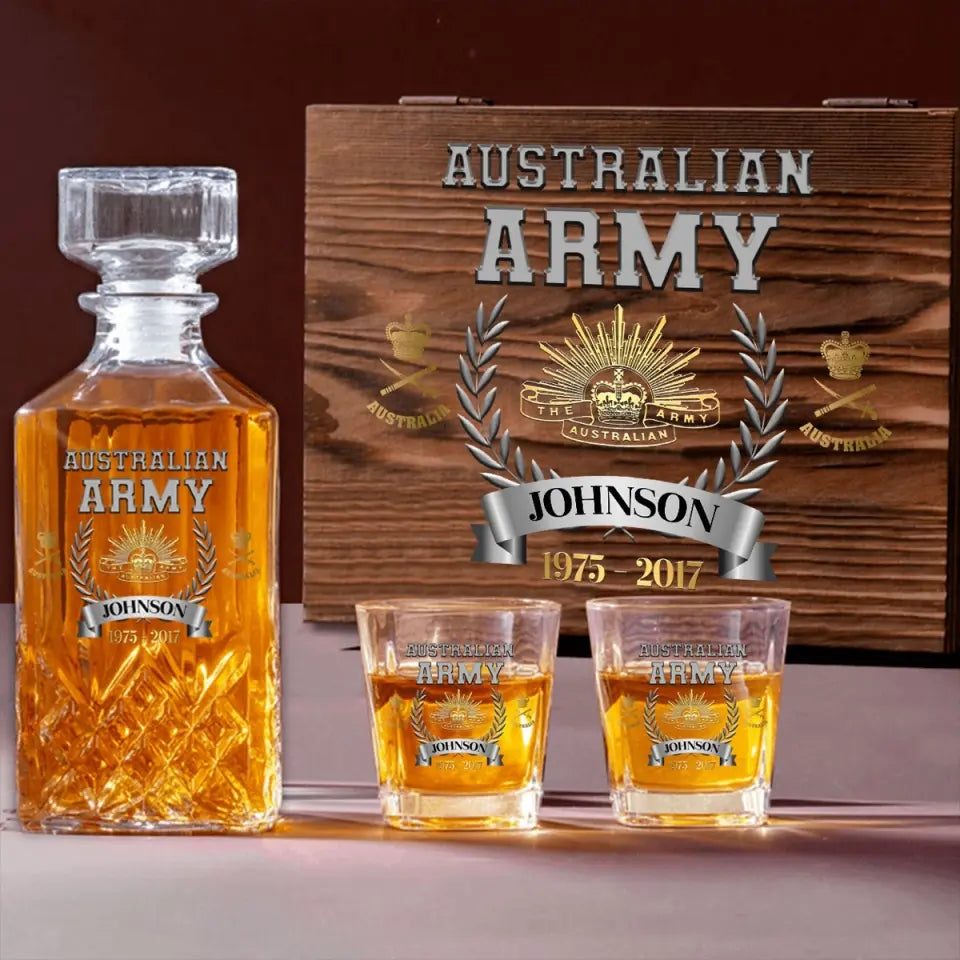 Personalized Australian Army Veteran Rank Gold Custom Name & Time Decanter Set with Glasses Printed AHVQ241109