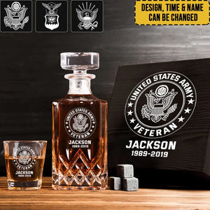 Personalized US Army Veteran Logo Custom Name & ID Decanter Set with Glasses Printed AHHN241117