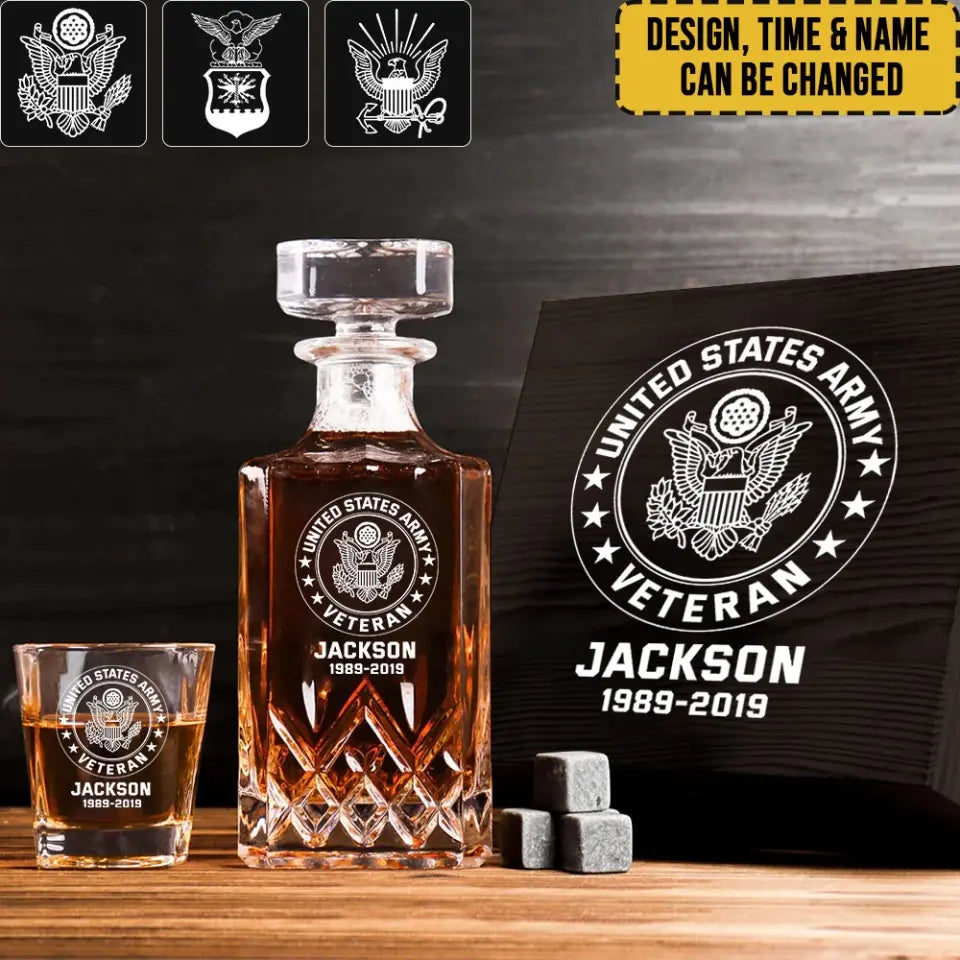 Personalized US Army Veteran Logo Custom Name & ID Decanter Set with Glasses Printed AHHN241117
