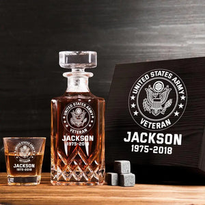 Personalized US Army Veteran Logo Custom Name & ID Decanter Set with Glasses Printed AHHN241117