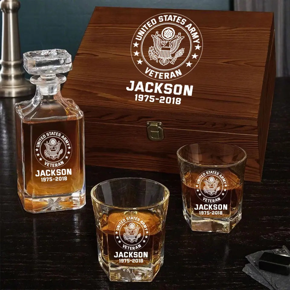 Personalized US Army Veteran Logo Custom Name & ID Decanter Set with Glasses Printed AHHN241117