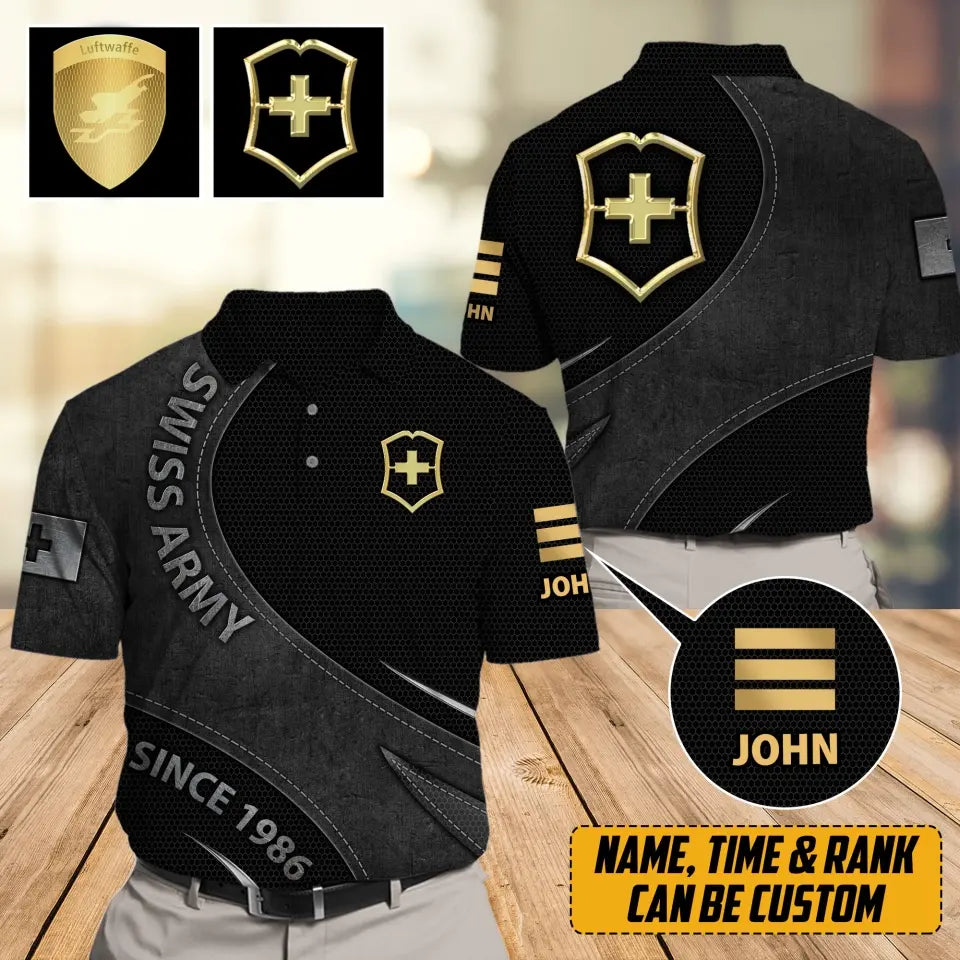 Personalized Swiss Veteran Branch Logo Custom Rank Gold, Name & Time Polo Shirt Printed AHVA241142