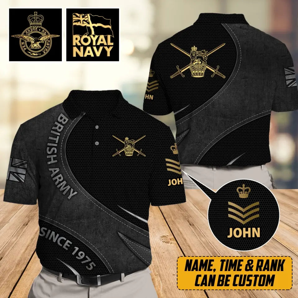 Personalized UK Veteran Branch Logo Custom Rank Gold, Name & Time Polo Shirt Printed AHVA241142