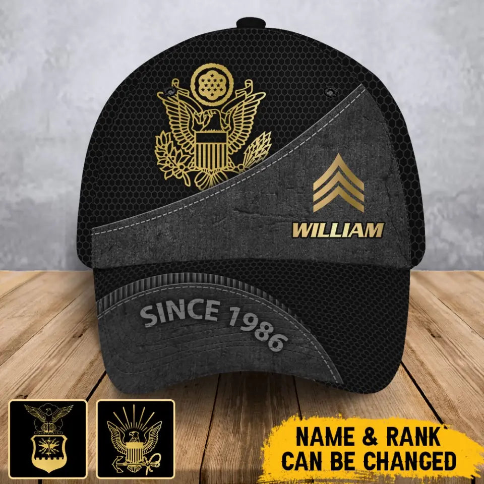 Personalized US Veteran Branch Logo Rank Gold Custom Name & Time Cap Printed AHVA241163