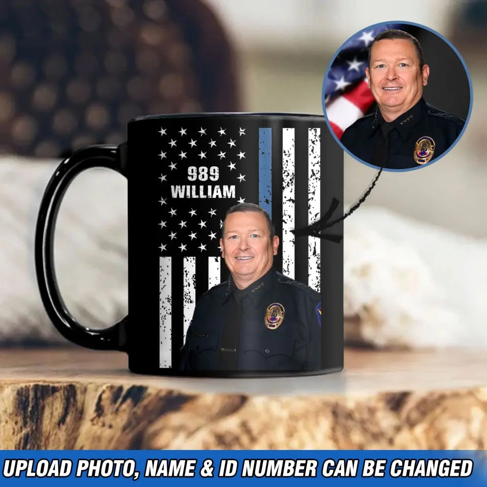 Personalized Upload Your Photo US Police Flag Custom Name & ID Black Mug Printed QTVQ241166