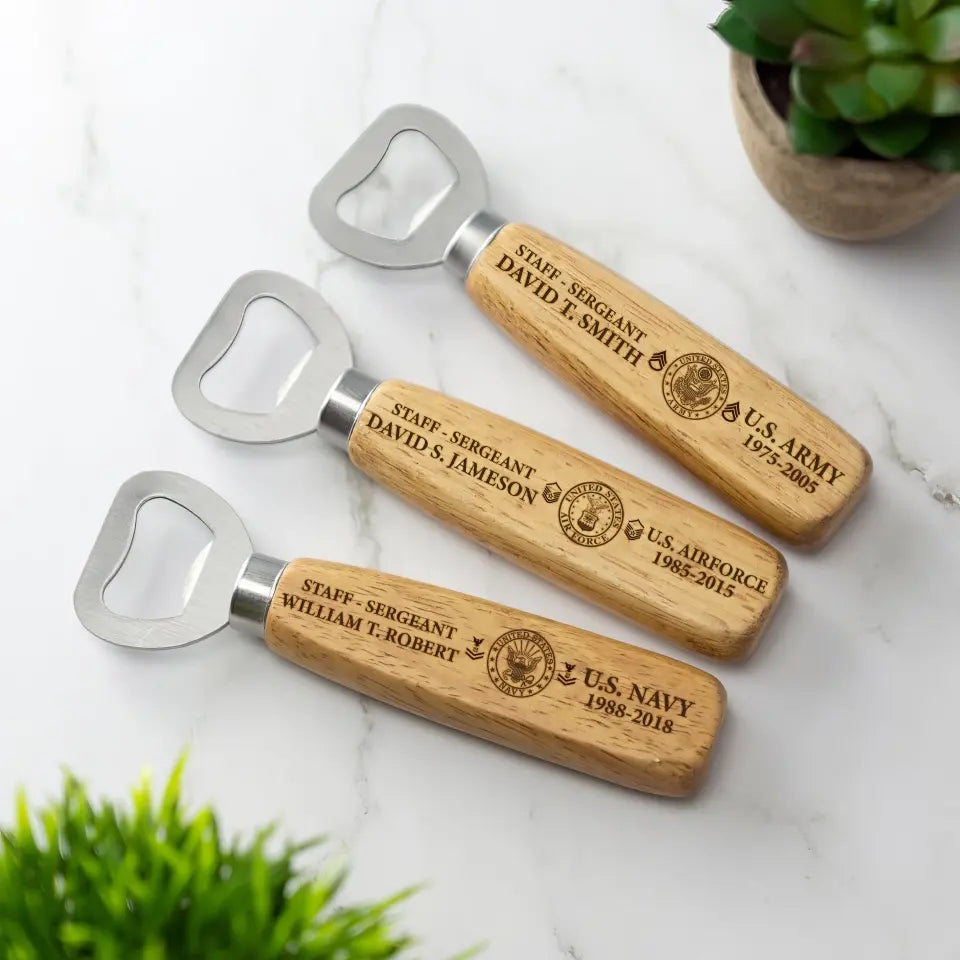 Personalized US Army Veteran Custom Rank, Name & Time Wooden Bottle Opener Printed KVH1164