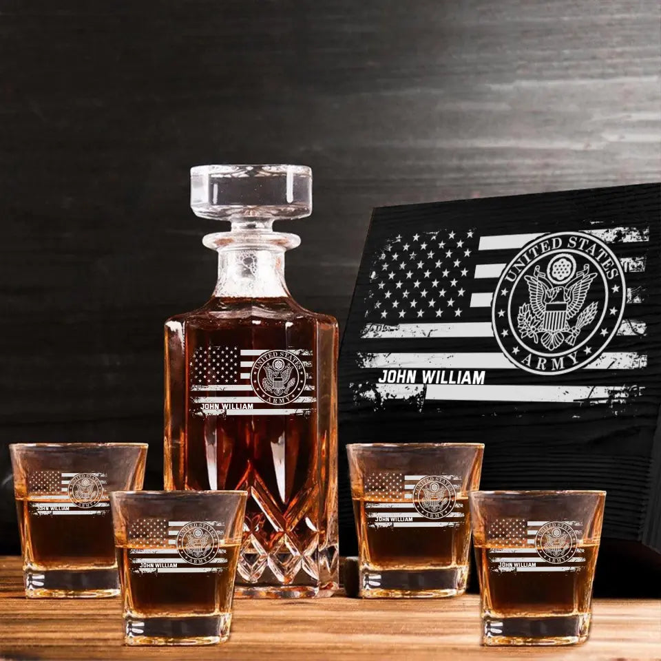 Personalized US Veteran Name with Branch Logo 
Decanter Set With Glasses Printed KVH241183