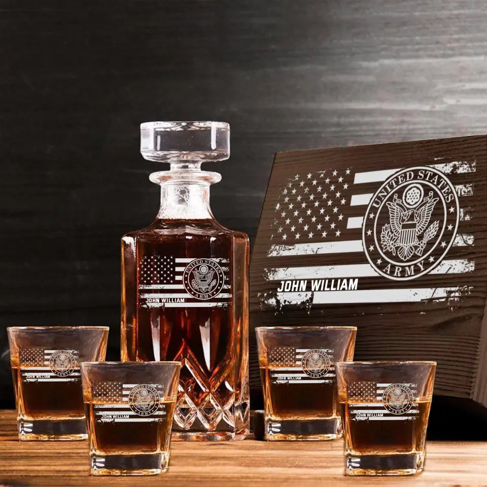 Personalized US Veteran Name with Branch Logo 
Decanter Set With Glasses Printed KVH241183
