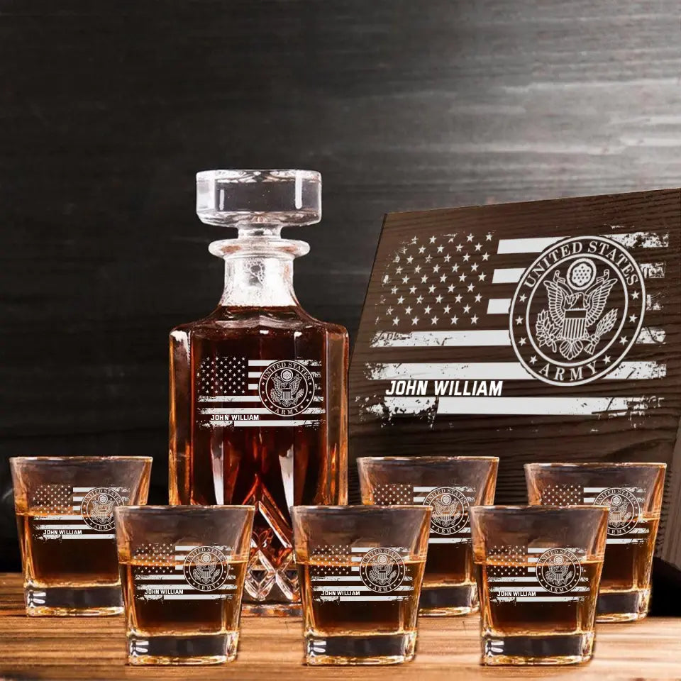 Personalized US Veteran Name with Branch Logo 
Decanter Set With Glasses Printed KVH241183